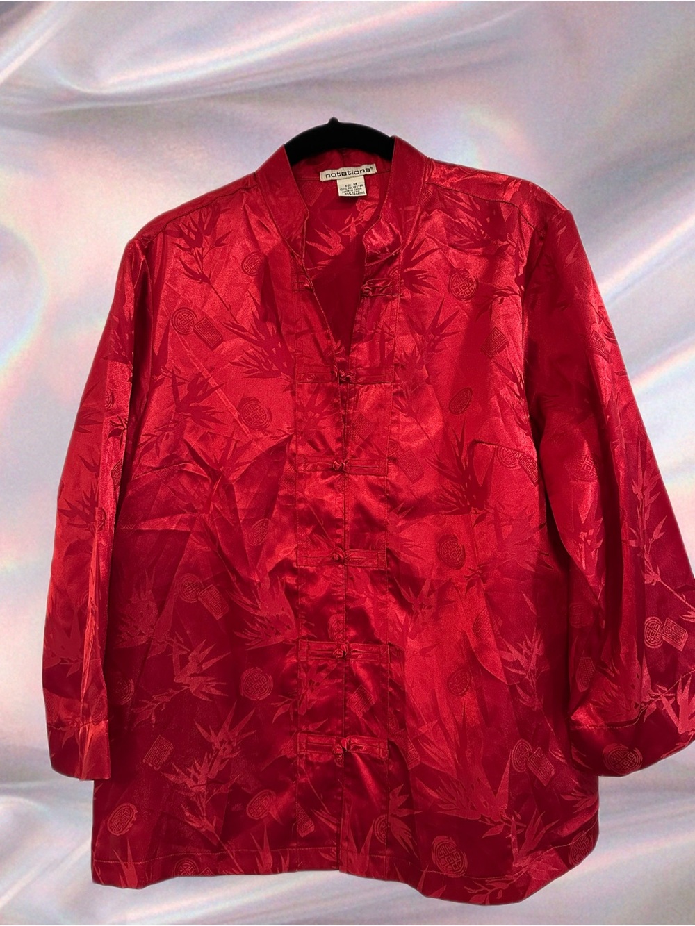 Notations Red Satin Mandarin-Style Jacket w/ Frog Closures 90s Vintage Inspired